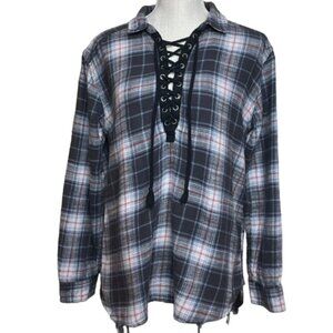 AMERICAN EAGLE Oversized Fit Distressed Lace-Up Flannel Shirt - Size Medium